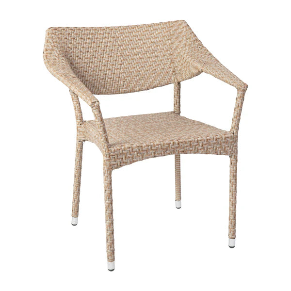 Natural rattan stackable patio dining chair with arms, featuring all-weather PE wicker and powder-coated steel frame for indoor or outdoor dining.