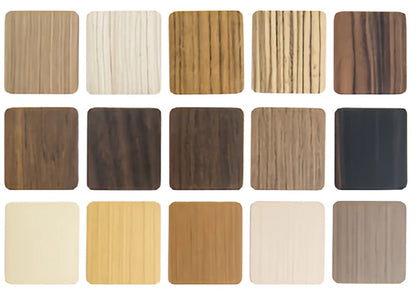 Row of wood stain samples presented side by side, showing different finish colors for Maple, Oak, or Poplar display tables.