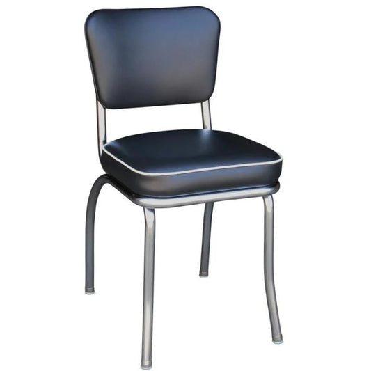 Front view of black and white standard diner chair with chrome legs for eateries and bars.