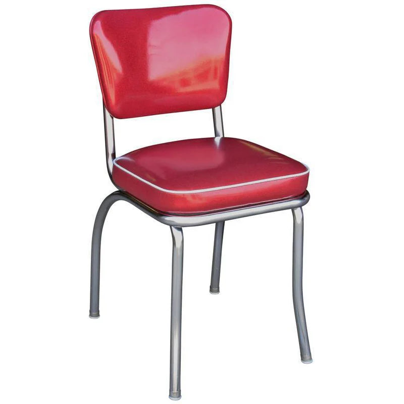 Front view of retro diner chair in zodiac burgundy and silver vinyl with chrome frame for diners and cafés.
