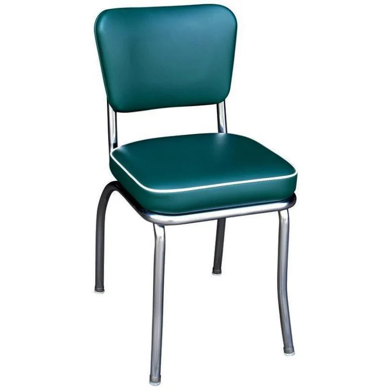 Front view of forest green and white diner chair with chrome frame for restaurants, cafés, and hotel dining rooms.