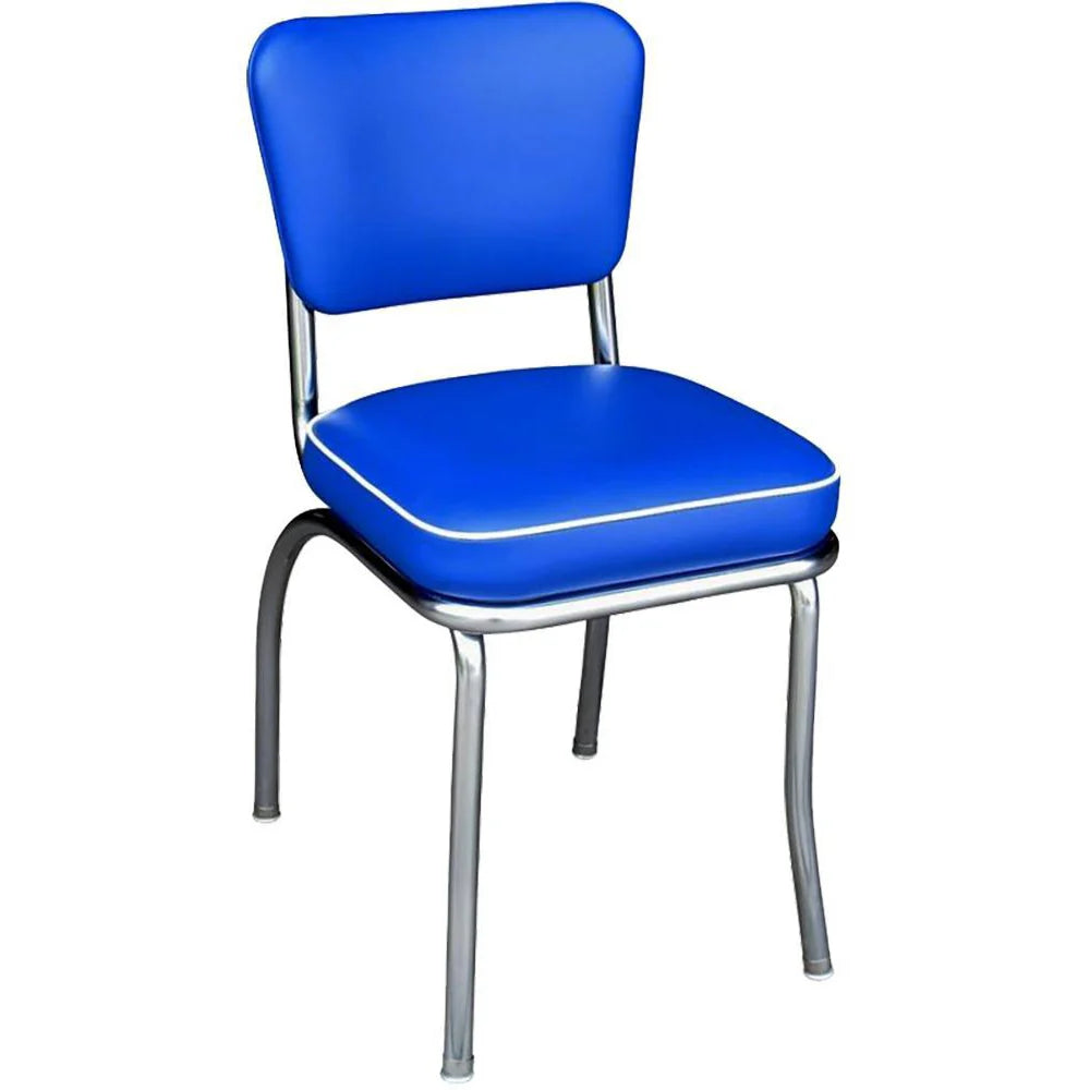 Front view of royal blue and white retro diner chair with chrome legs for restaurant and café seating.