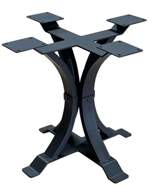 Hourglass-shaped steel pedestal dining base with matte black powder-coated finish, heavy-duty welded construction, and wide mounting plates for commercial tables.