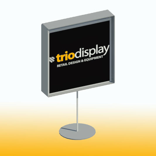 Single metal t-shirt display box with stand in raw steel finish for showcasing apparel.