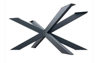 Spider-style metal pedestal table base with angular steel legs, matte black powder-coated finish, and adjustable feet for modern or industrial dining tables.