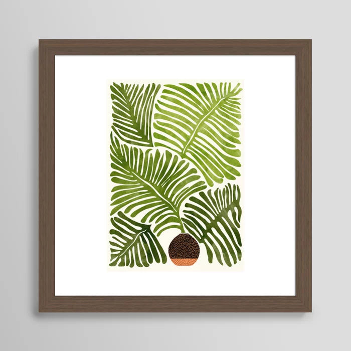Summer Fern watercolor art print in walnut frame on bar or cocktail lounge wall