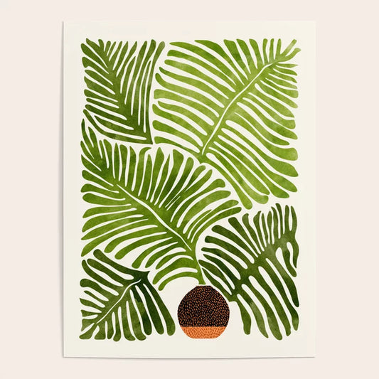 “Summer Fern modern watercolor poster featuring green botanical fern leaves on white background, printed on glossy art paper.”