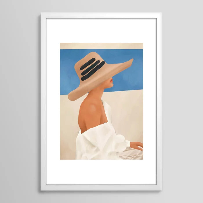 Summer Hat Art Print by City Art in white hardwood frame, showcasing soft color tones and elegant coastal style ideal for bright, modern interiors.