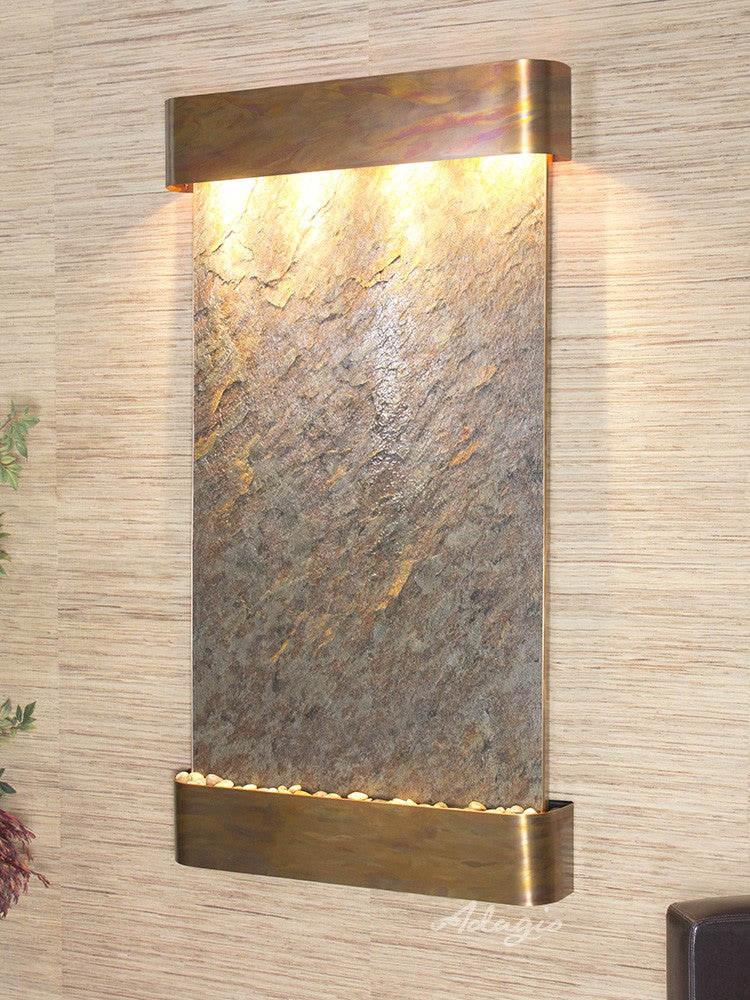 Summit Falls vertical wall-mounted water fountain with LED lights for restaurant and hotel interiors