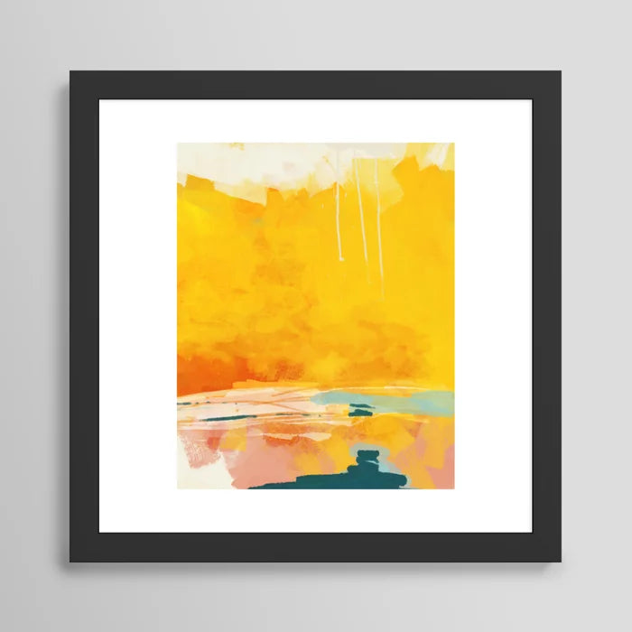 Sunny Landscape art print in black frame on restaurant dining room wall