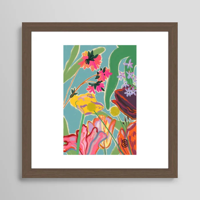 Sunny Landscape art print in walnut frame hung in cocktail lounge or bar