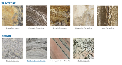 Collection of travertine and granite stone samples with names below each.