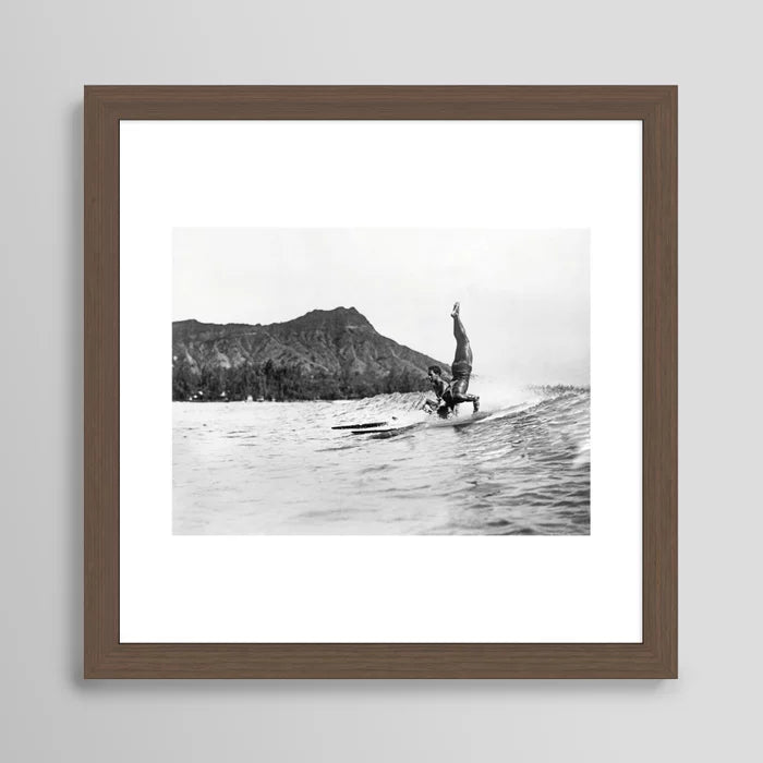 Surfing Diamond Head, Hawaii Art Print by Vintage Surf Photos framed in walnut wood – warm-toned surf photography art print inspired by classic Hawaii beach culture