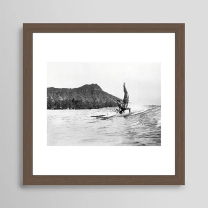 Surfing Diamond Head, Hawaii Art Print by Vintage Surf Photos framed in walnut wood – warm-toned surf photography art print inspired by classic Hawaii beach culture