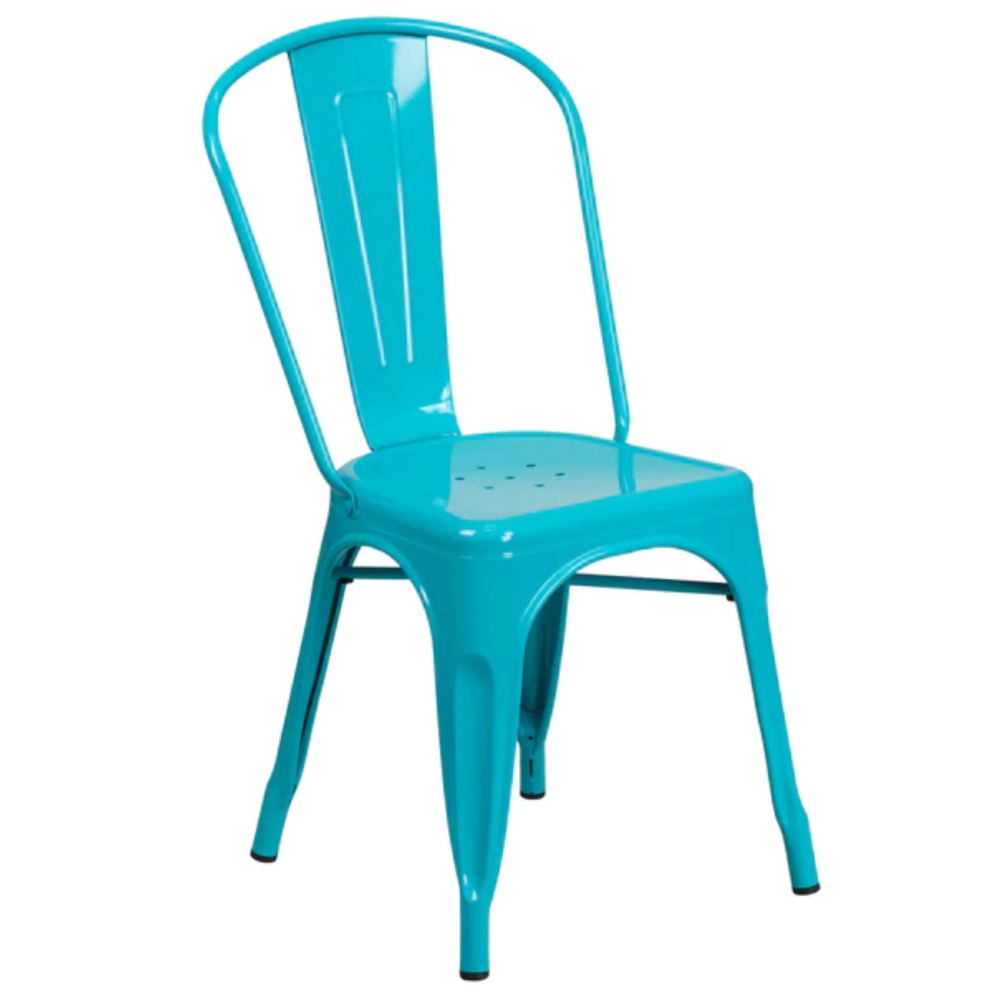 Teal blue metal indoor–outdoor stackable chair with contoured slatted seat and curved back.