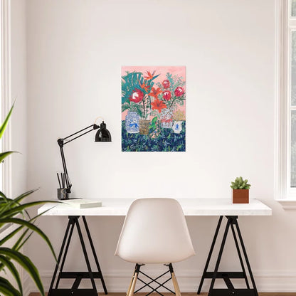 The Domesticated Jungle floral still life poster hanging on wall showcasing bold flower arrangement and vivid colors.