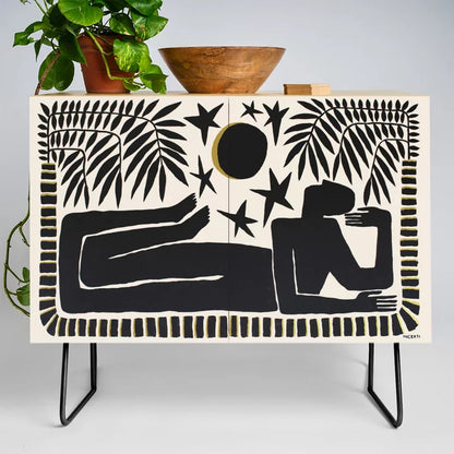 The Loneliness Condiment Bar by João Incerti with black steel legs – expressive birch cabinet with colorful artwork ideal for restaurant condiment stations and boutique hotels
