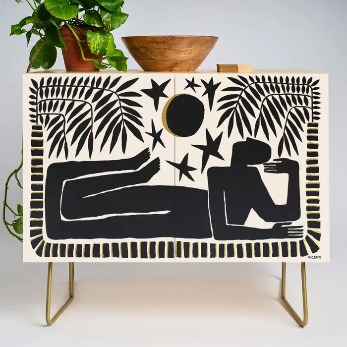 The Loneliness Condiment Bar by João Incerti with gold steel legs – vibrant emotional artwork on birch, perfect for hotel lobbies, restaurant lounges, and artistic cafés