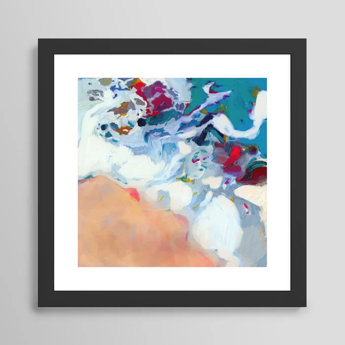 The Sea on the Beach Abstract Art Print by lalunetricotee Art Paintings framed in black hardwood, featuring coastal tones of blue and sand—ideal wall décor for boutique hotels, restaurants, and modern cafés.