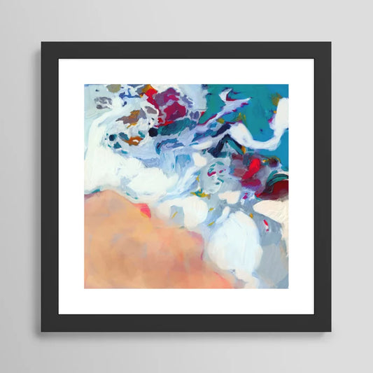 The Sea on the Beach Abstract Art Print by lalunetricotee Art Paintings framed in black hardwood, featuring coastal tones of blue and sand—ideal wall décor for boutique hotels, restaurants, and modern cafés.