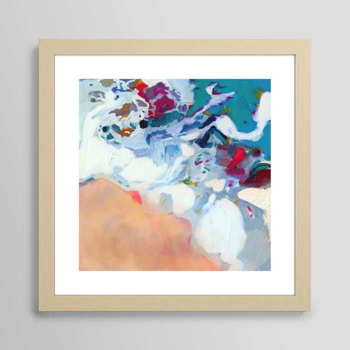 The Sea on the Beach Abstract Art Print by lalunetricotee Art Paintings framed in natural maple wood, accentuating warm ocean tones—ideal for coastal restaurants, hotel lobbies, and seaside coffee houses.