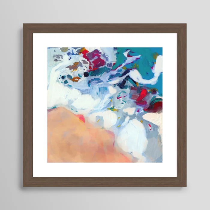 The Sea on the Beach Abstract Art Print by lalunetricotee Art Paintings framed in walnut hardwood, emphasizing deep blue and sandy hues for hotel lounges, resort dining rooms, and elegant bars.