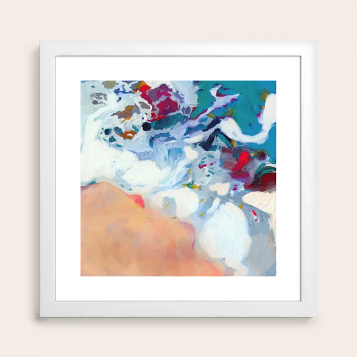 The Sea on the Beach Abstract Art Print by lalunetricotee Art Paintings framed in white hardwood, highlighting serene beach-inspired hues perfect for cafés, beach resorts, and coastal-themed restaurants.