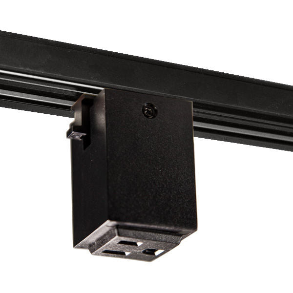 3-prong track lighting outlet adapter in a black finish, featuring the outlet face and track connector used to add power to single- or double-circuit track lighting systems.