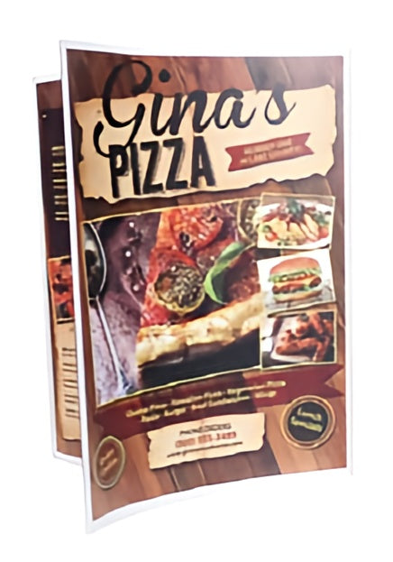 Gina's Pizza menu cover with images of pizza and other food items on a white background