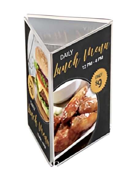 Menu stand with images of food and text on a black background