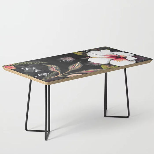 Tropical Night Coffee Table by Anis Illustration with black steel legs – boho tropical art-inspired furniture ideal for restaurant lounges, boutique hotels, and modern café interiors