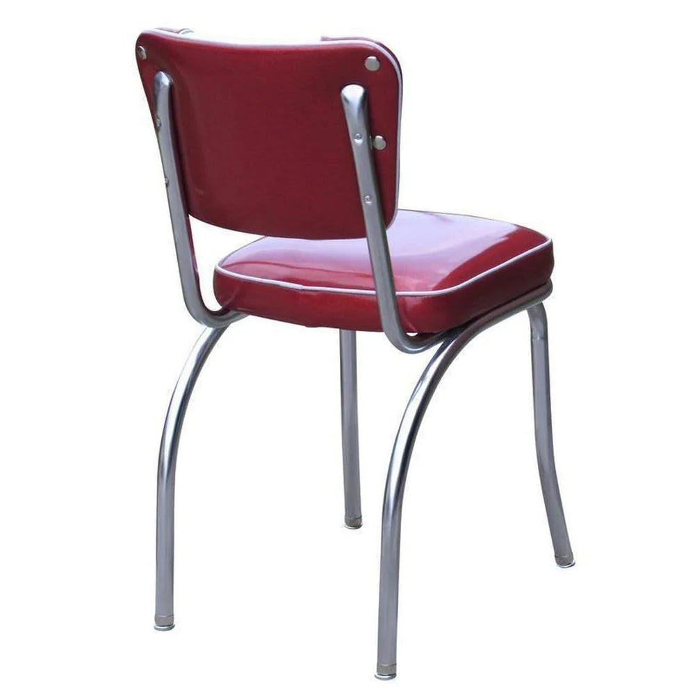 Back view of a burgundy V-back diner chair with chrome frame, designed for restaurants, cafés, bars, and retro-style hospitality spaces.