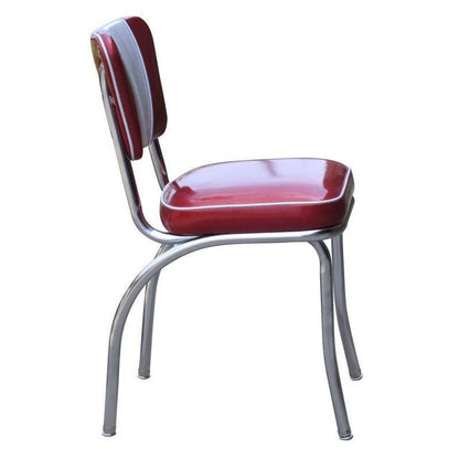 Side view of a burgundy V-back diner chair with chrome frame, ideal for restaurant seating, diners, cafés, and hospitality interiors.