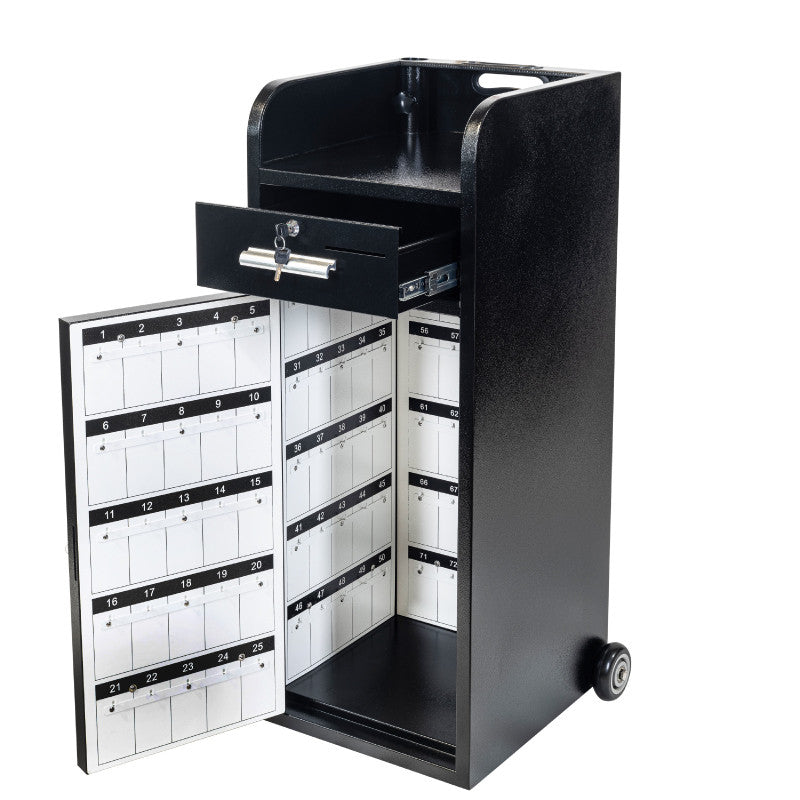 Black metal valet parking podium with 100 numbered key hooks, lockable drawer, and rolling wheels.