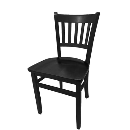Vertical back solid wood dining chair with black finish frame and black wood seat.