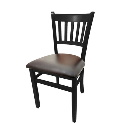 Vertical back solid wood dining chair with black finish frame and espresso vinyl seat.