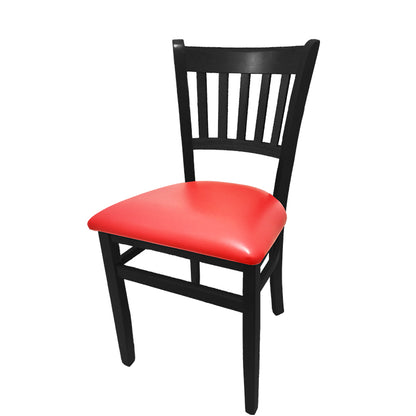 Vertical back solid wood dining chair with black frame and red vinyl seat.