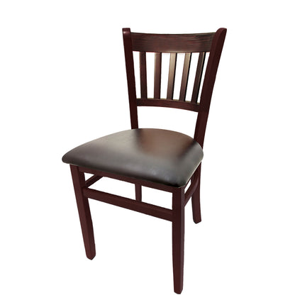 Vertical back solid wood chair with mahogany frame and espresso vinyl seat.