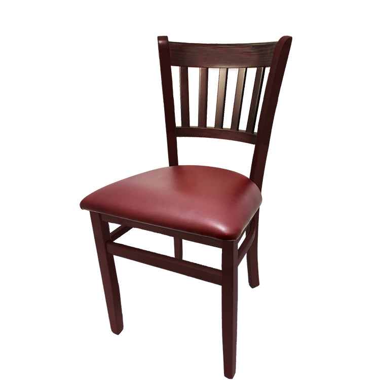 Vertical back dining chair with mahogany frame and wine vinyl seat.