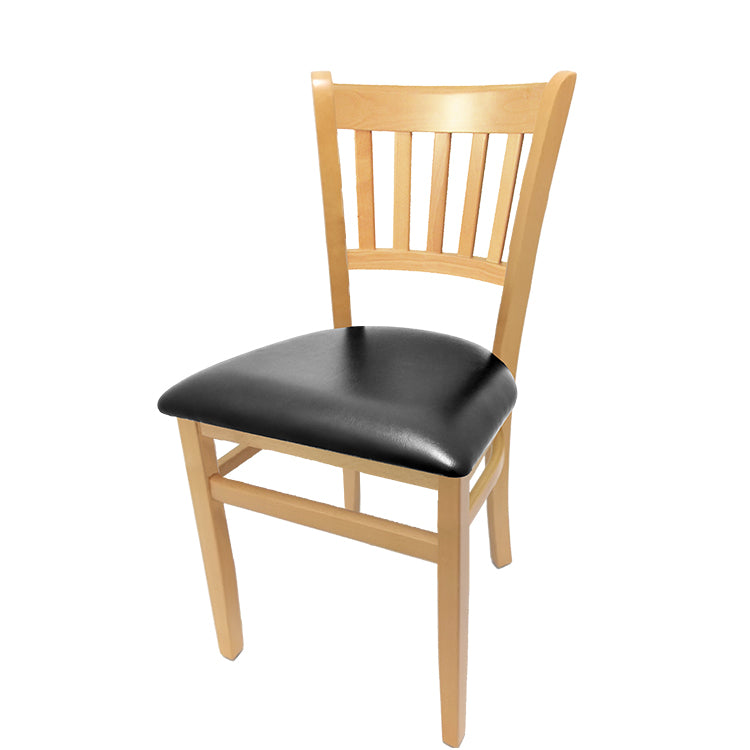 Vertical back solid wood dining chair with clear coat frame and black vinyl seat.