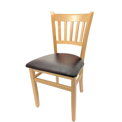 Vertical back solid wood chair with clear coat frame and espresso vinyl seat.