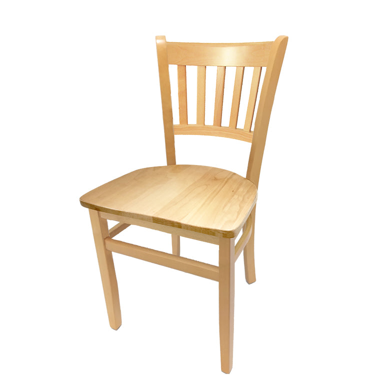 Vertical back dining chair with clear coat wood frame and matching clear coat wood seat.