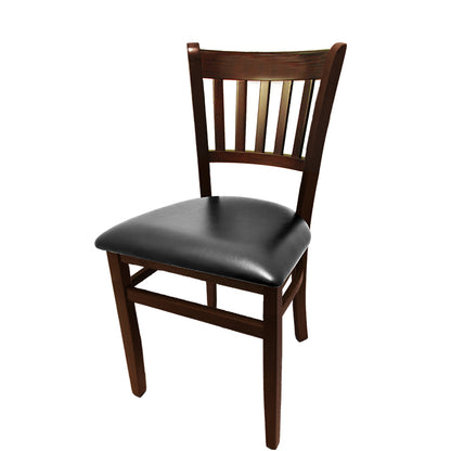 Vertical back solid wood dining chair with walnut finish frame and black vinyl seat.