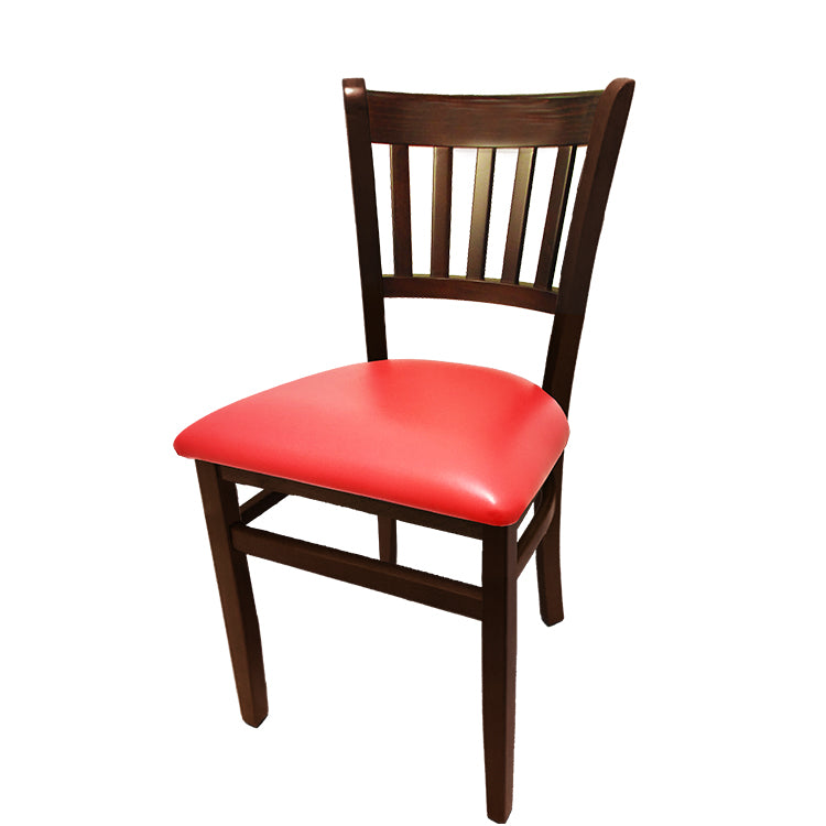 Vertical back dining chair with walnut frame and red vinyl seat.