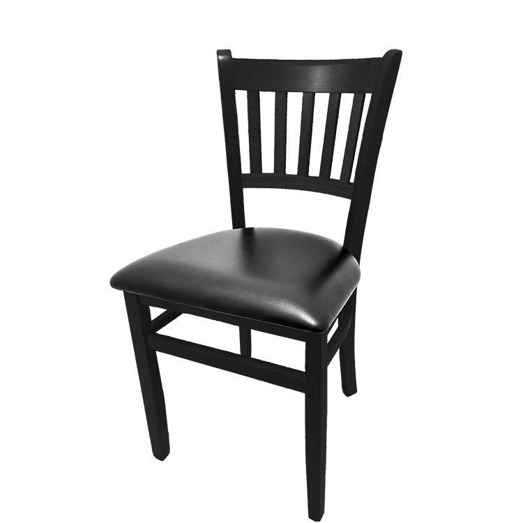 Vertical back solid wood frame chair with black stain finish and black vinyl seat. Crafted from solid European beech wood with reinforced leg supports and non-marring glides.