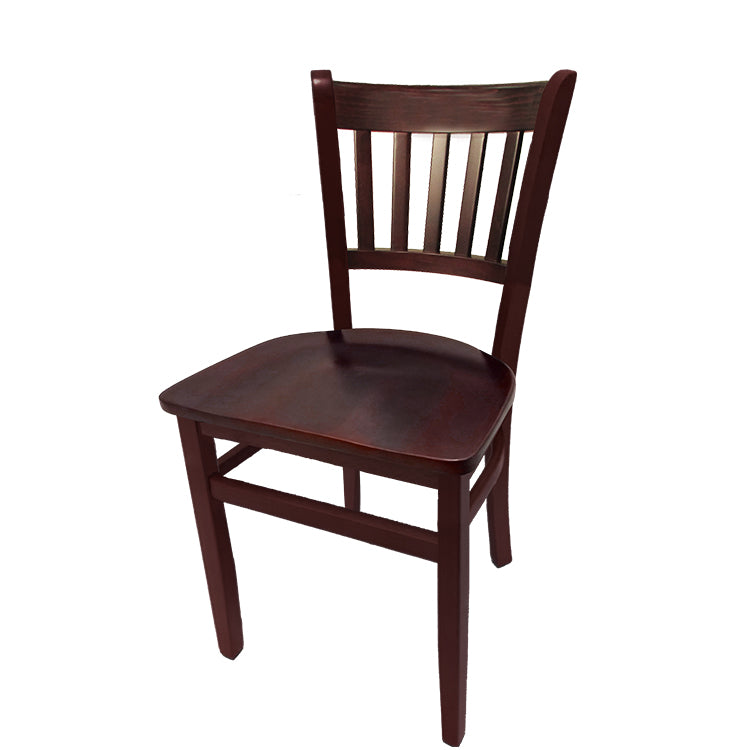 Vertical back solid wood chair with mahogany stained frame and matching mahogany wood seat. European beech construction for lasting durability and refined appearance.