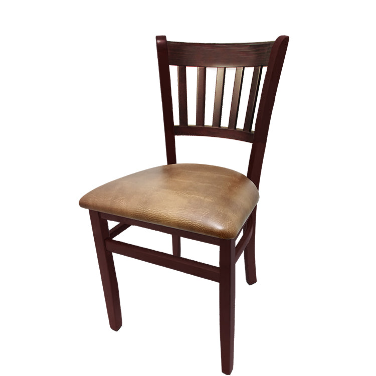 Vertical back solid wood chair with mahogany stained frame and buckskin vinyl seat. Built from solid European beech wood with protective glides and rich finish.