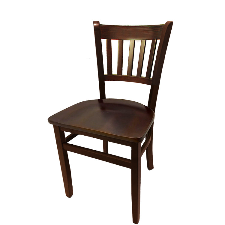Vertical back solid wood chair with walnut stain frame and matching walnut wood seat. Made from solid European beech for strength and timeless style.