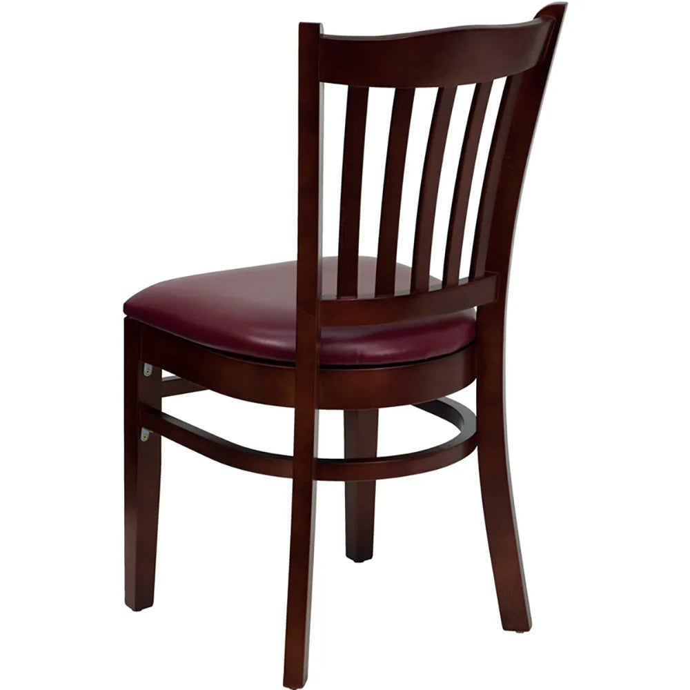 ear view of vertical slat back beechwood chair with mahogany finish and burgundy vinyl seat. Durable design with mortise-and-tenon joinery and curved support bar.