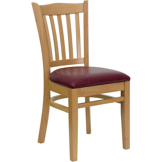 Vertical slat back beechwood chair with natural clear coat finish and burgundy vinyl seat. Solid European beech construction with smooth finish and supportive back design.